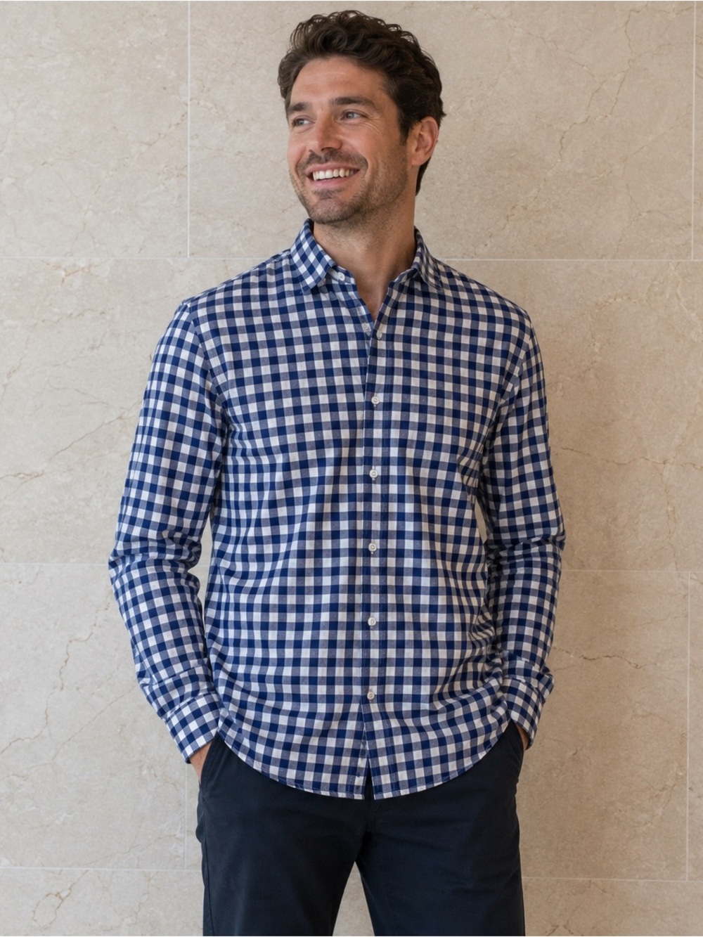 Ermenegildo Zegna Navy and White Gingham Button-Down Shirt. BB30